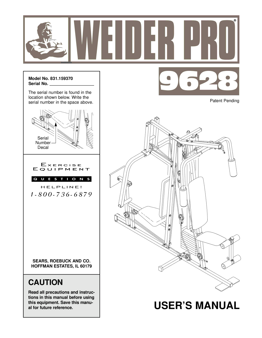 Sears 831.159370 user manual Model No Serial No, SEARS, Roebuck and CO. Hoffman ESTATES, IL 