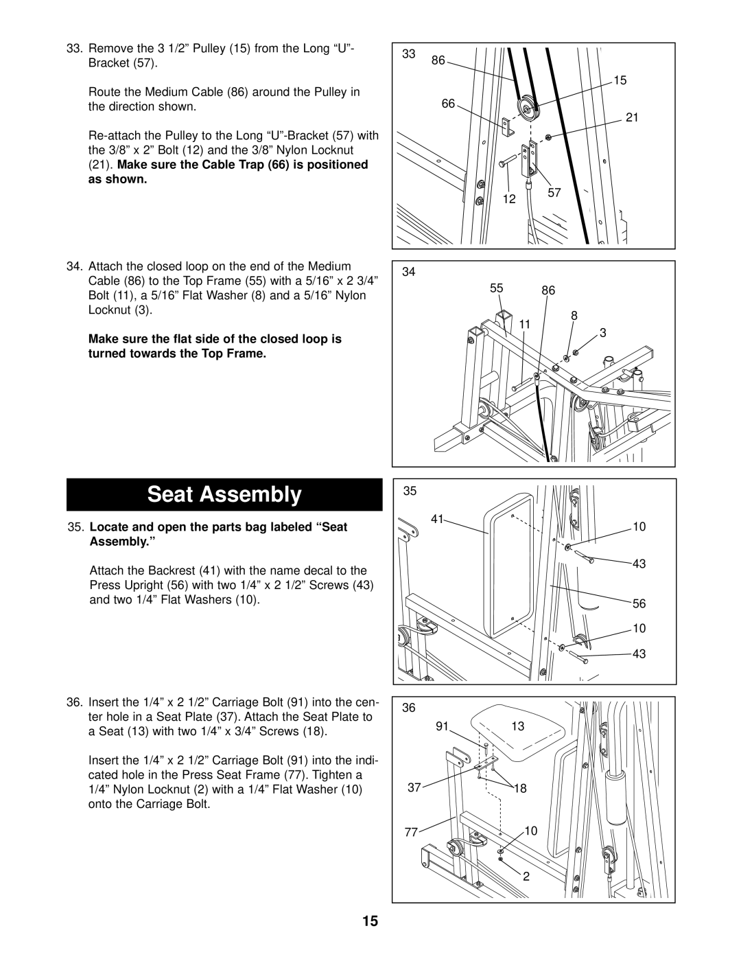 Sears 831.159370 user manual Locate and open the parts bag labeled Seat Assembly 