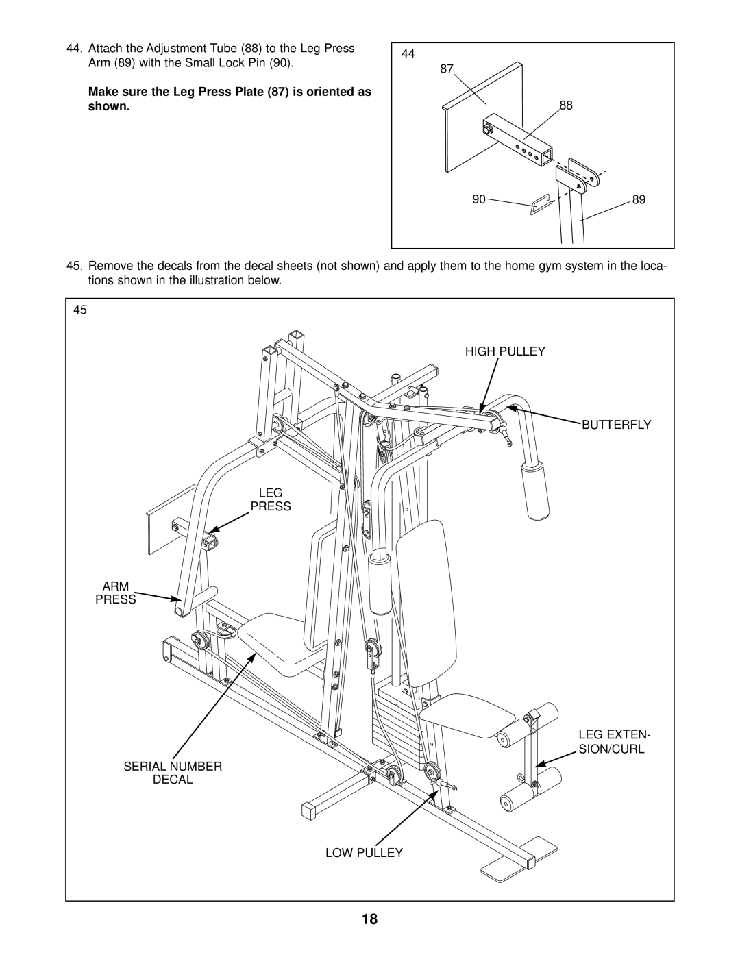 Sears 831.159370 user manual Make sure the Leg Press Plate 87 is oriented as shown 