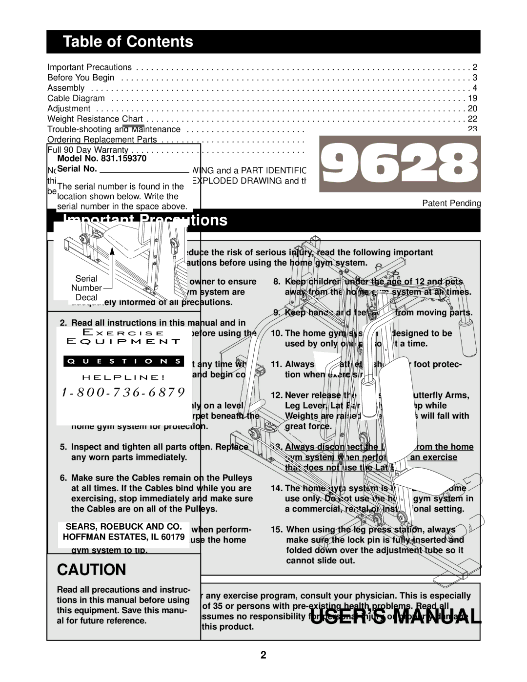 Sears 831.159370 user manual Table of Contents, Important Precautions 