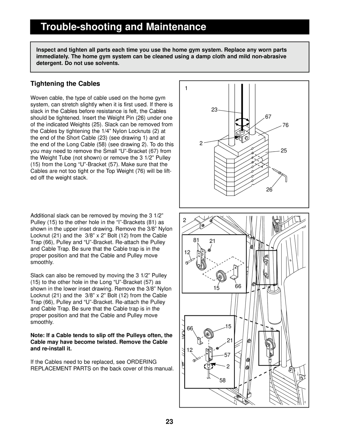 Sears 831.159370 user manual Trouble-shooting and Maintenance, Tightening the Cables 