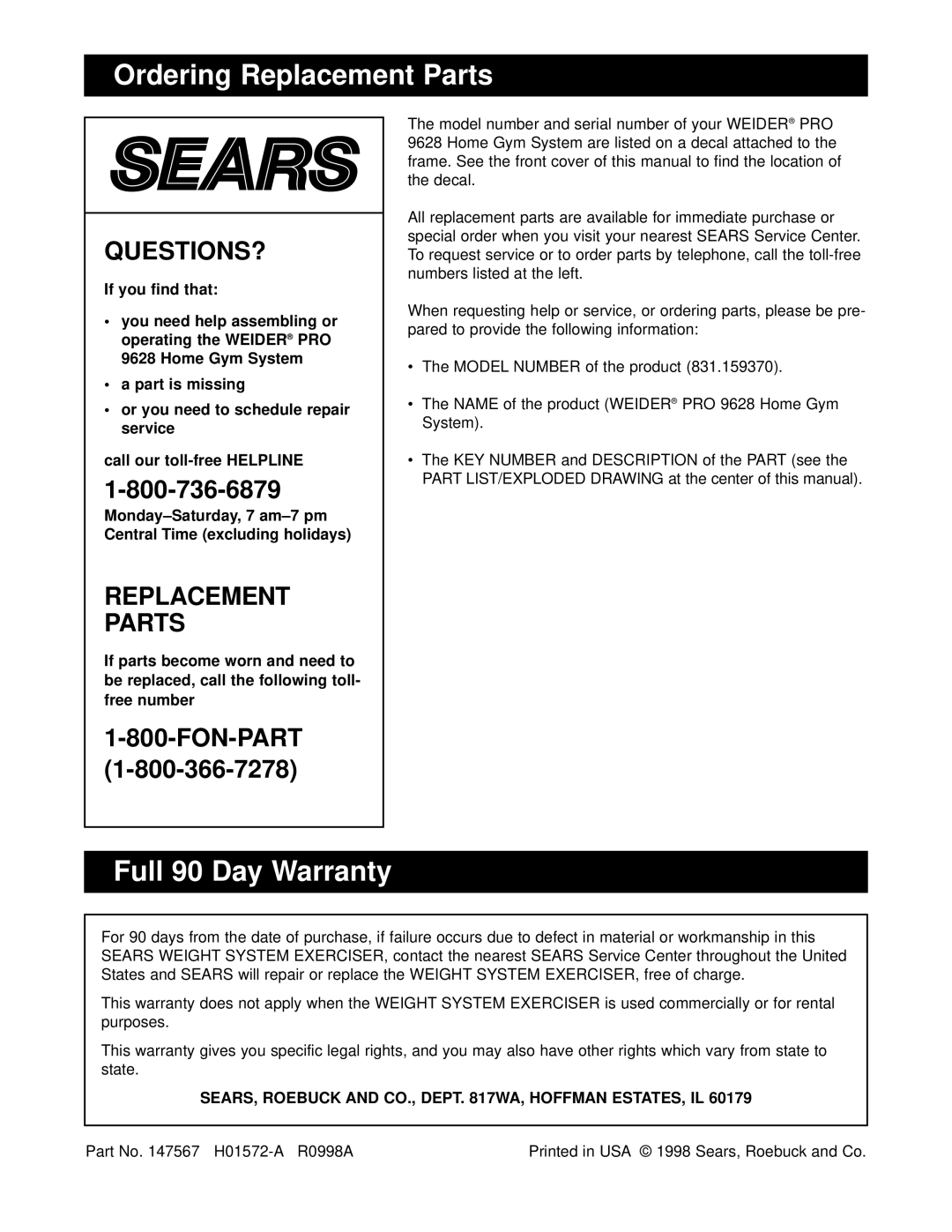 Sears 831.159370 user manual Ordering Replacement Parts, Full 90 Day Warranty 