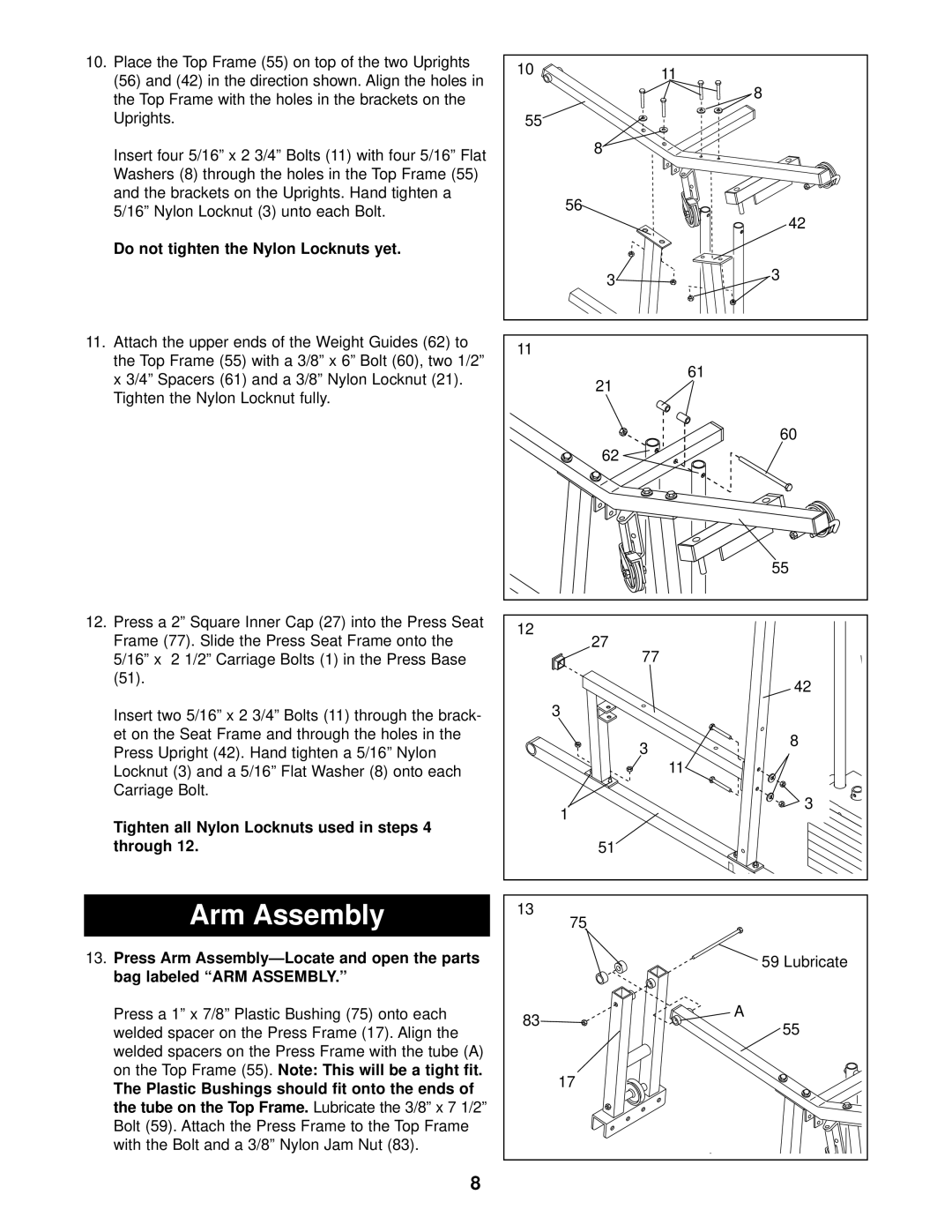 Sears 831.159370 user manual Arm Assembly, Tighten all Nylon Locknuts used in steps 4 through 