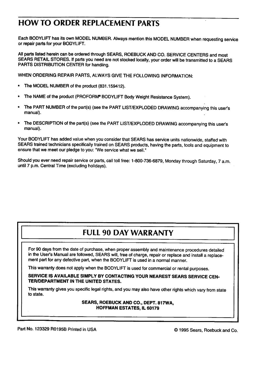 Sears 831.159412 user manual HOW to Order Replacement Parts, Ifull 90 DAY Warranty 