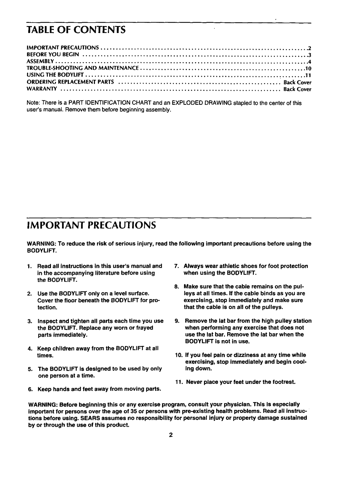 Sears 831.159412 user manual Table of Contents 