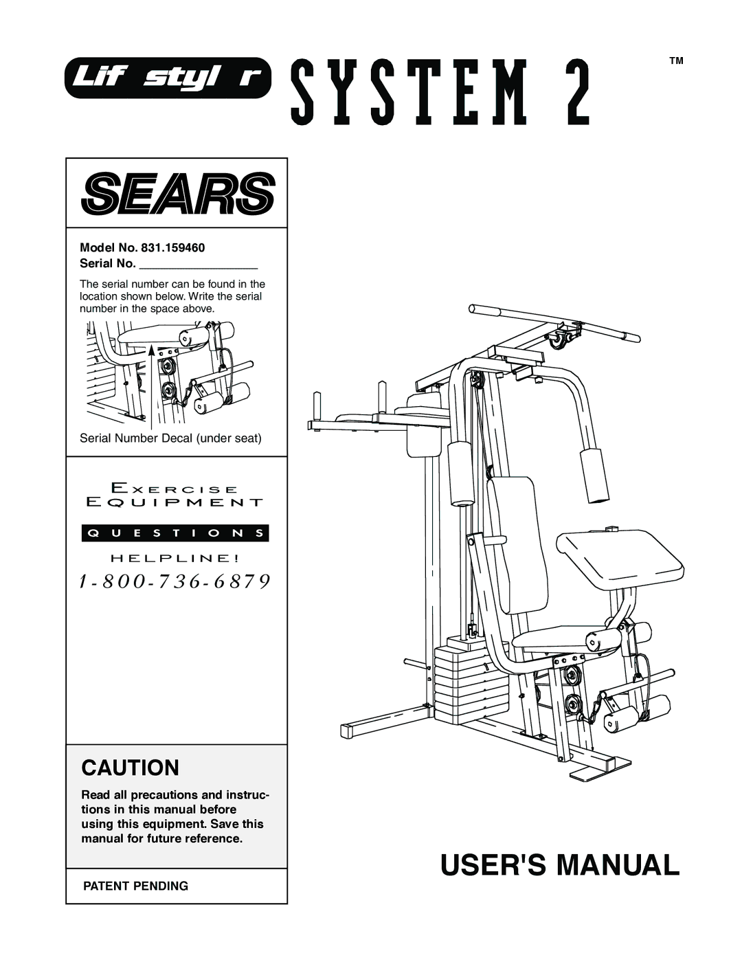 Sears 831.159460 user manual Model No Serial No, Patent Pending 