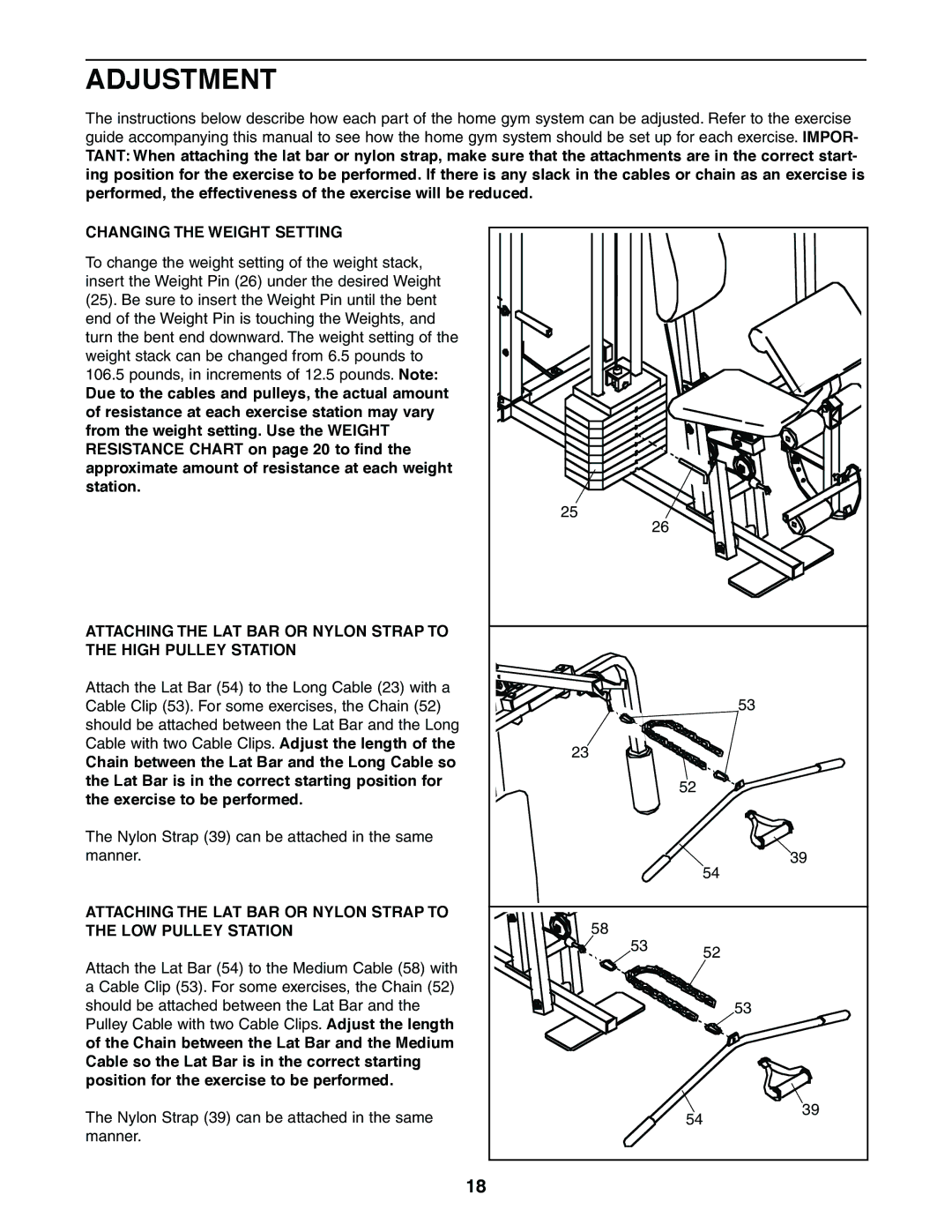 Sears 831.159460 user manual Adjustment, Changing the Weight Setting 