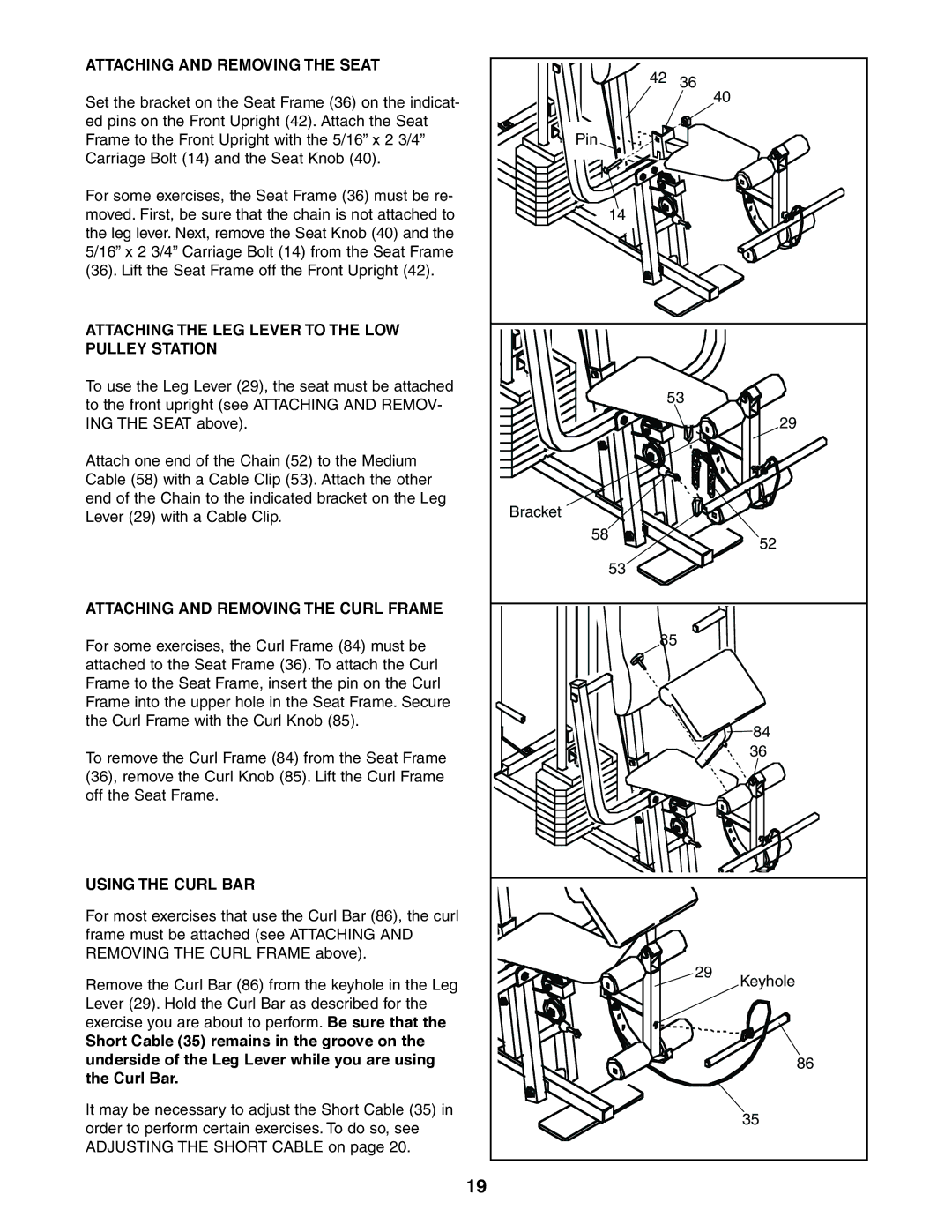 Sears 831.159460 Attaching and Removing the Seat, Attaching the LEG Lever to the LOW Pulley Station, Using the Curl BAR 