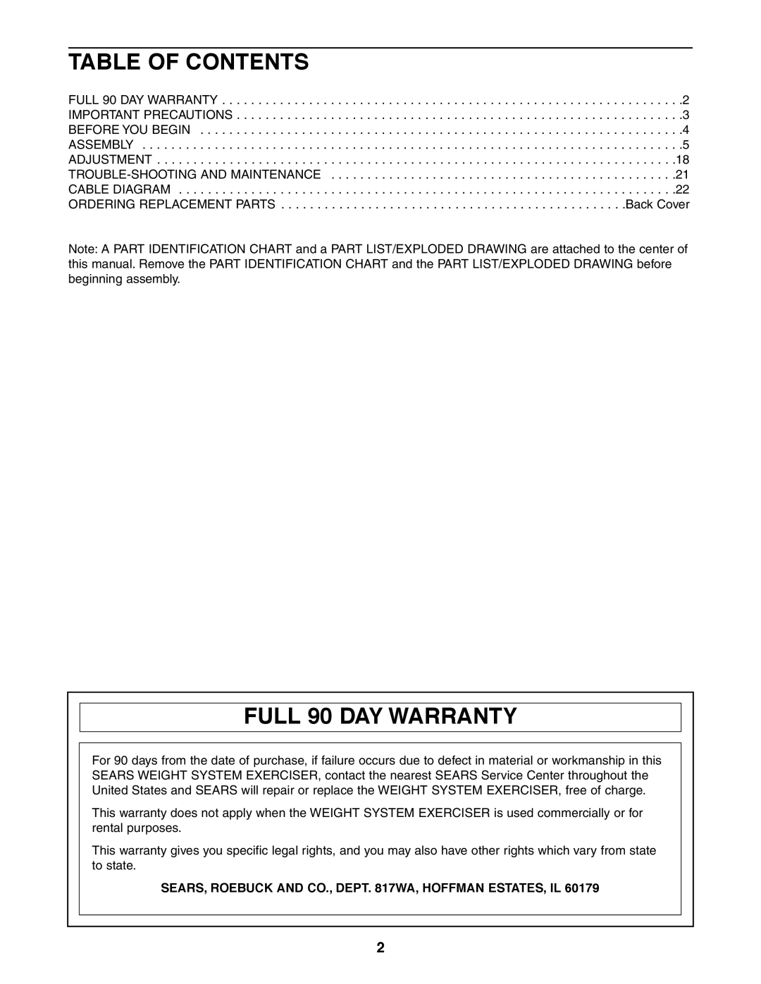 Sears 831.159460 user manual Table of Contents, Full 90 DAY Warranty 