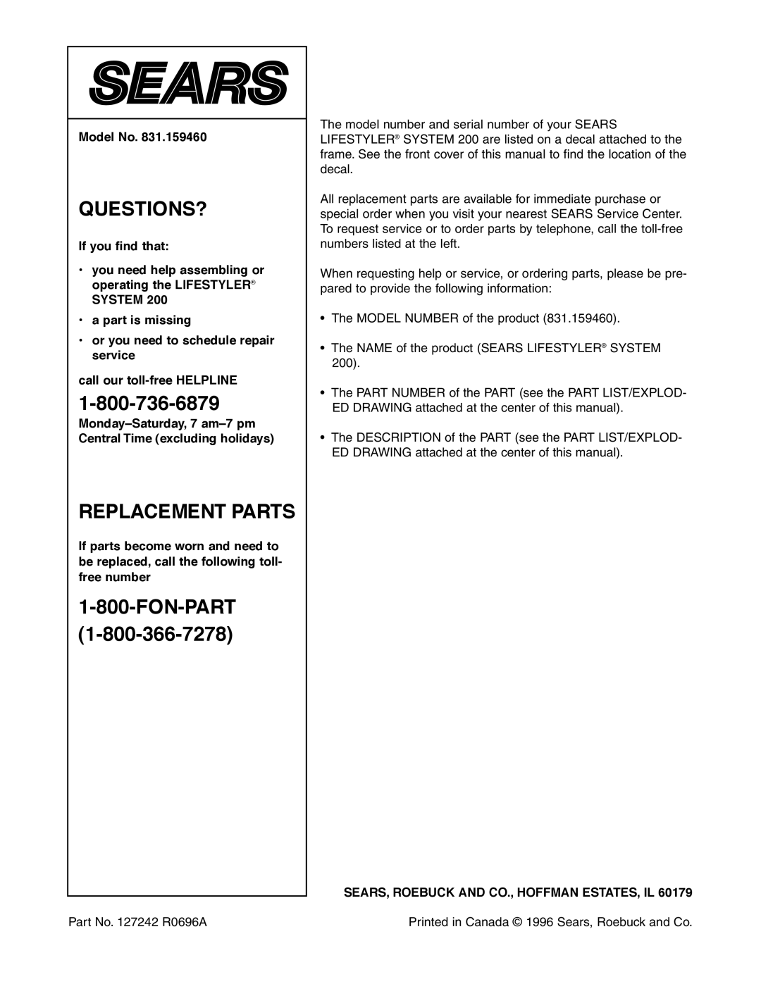 Sears 831.159460 user manual Model No, SEARS, Roebuck and CO., Hoffman ESTATES, IL 