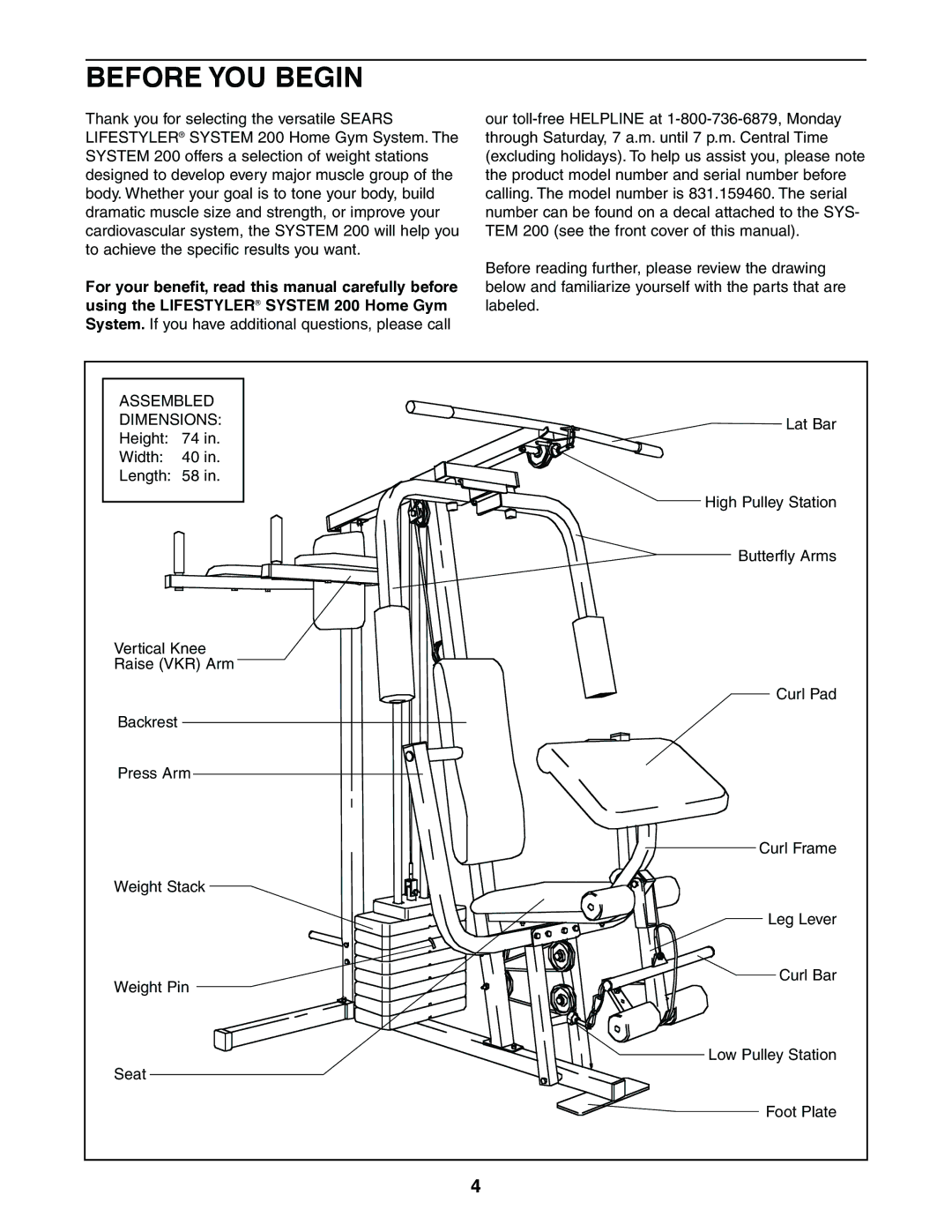 Sears 831.159460 user manual Before YOU Begin, Assembled Dimensions 