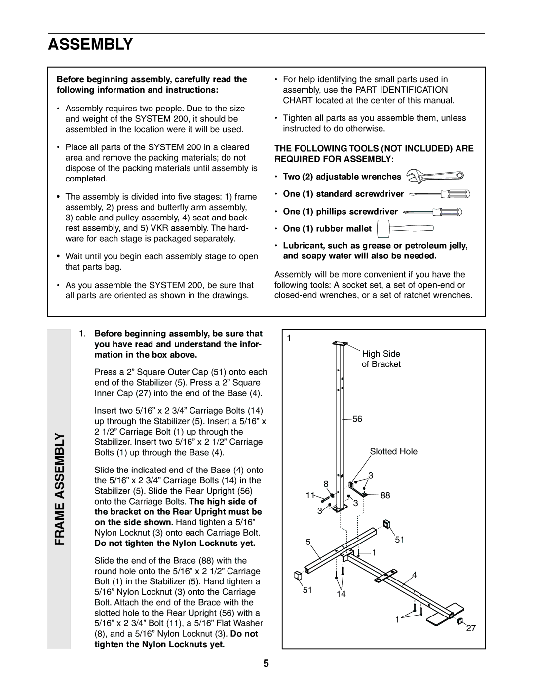 Sears 831.159460 user manual Frame Assembly, Following Tools not Included are Required for Assembly 