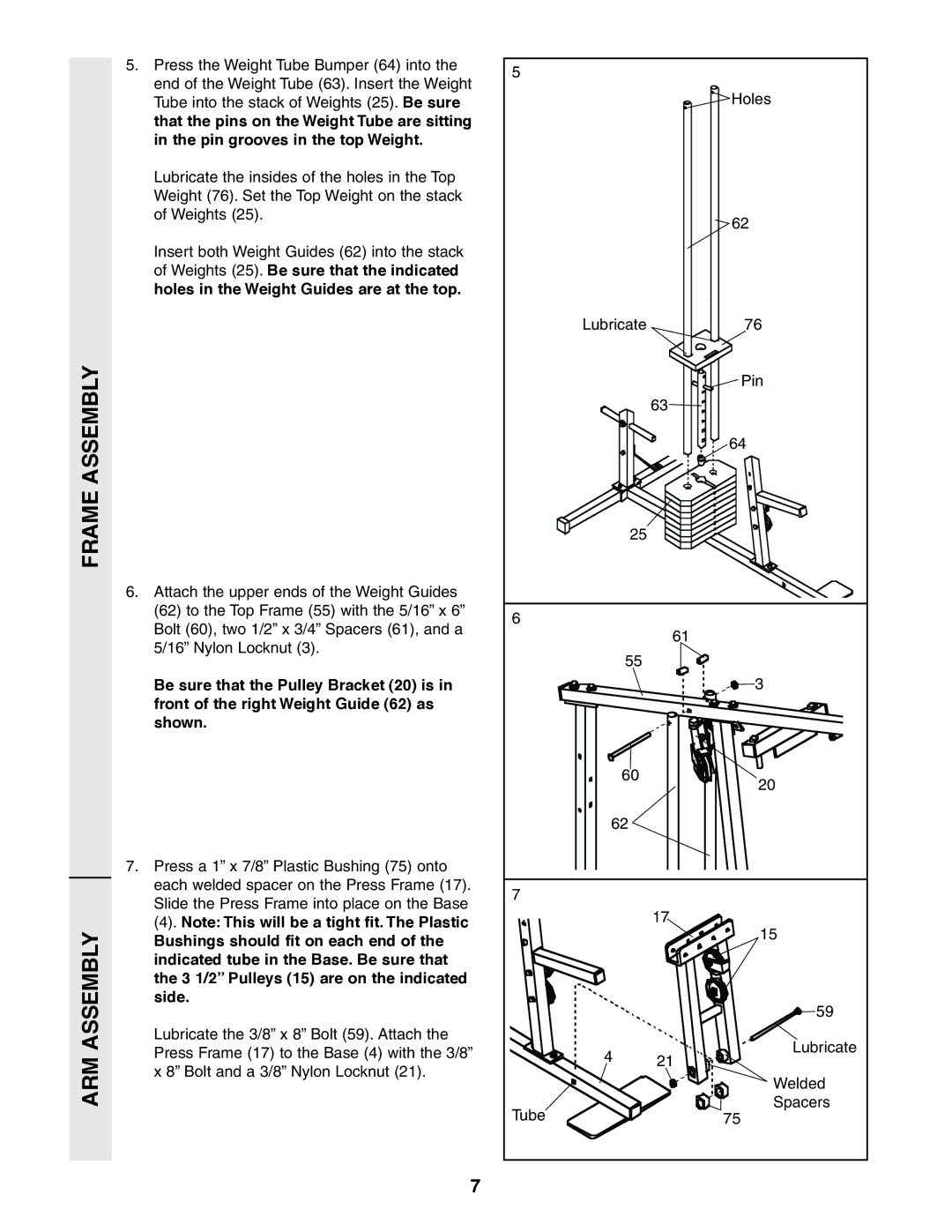 Sears 831.159460 user manual Bushings should fit on each end, Indicated tube in the Base. Be sure that, Side, Arm 