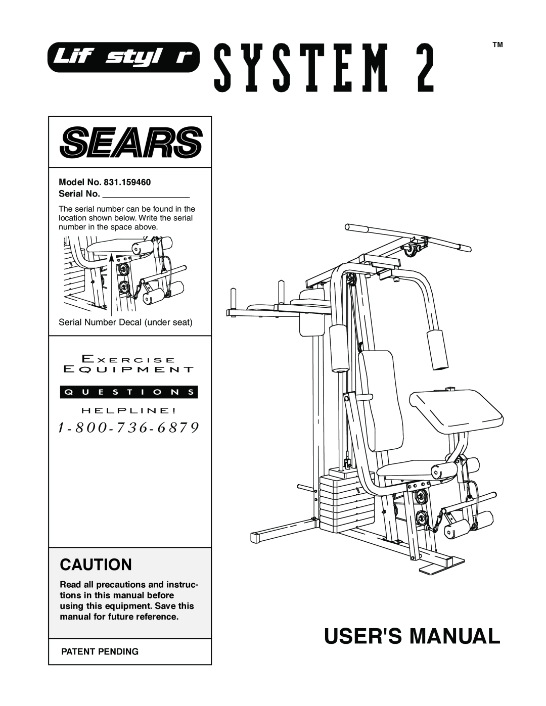 Sears 831.159460 user manual Model No Serial No, Patent Pending, Users Manual 