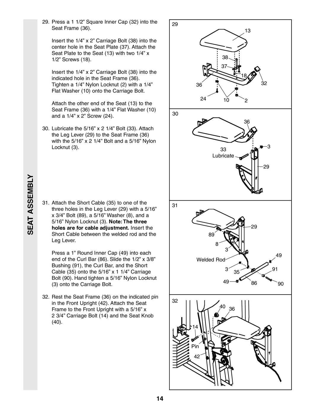 Sears 831.159460 user manual Seat Assembly 