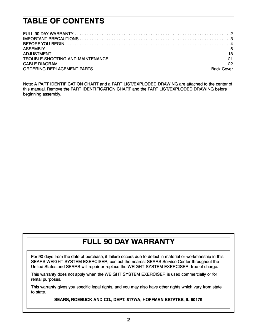 Sears 831.159460 Table Of Contents, FULL 90 DAY WARRANTY, SEARS, ROEBUCK AND CO., DEPT. 817WA, HOFFMAN ESTATES, IL 