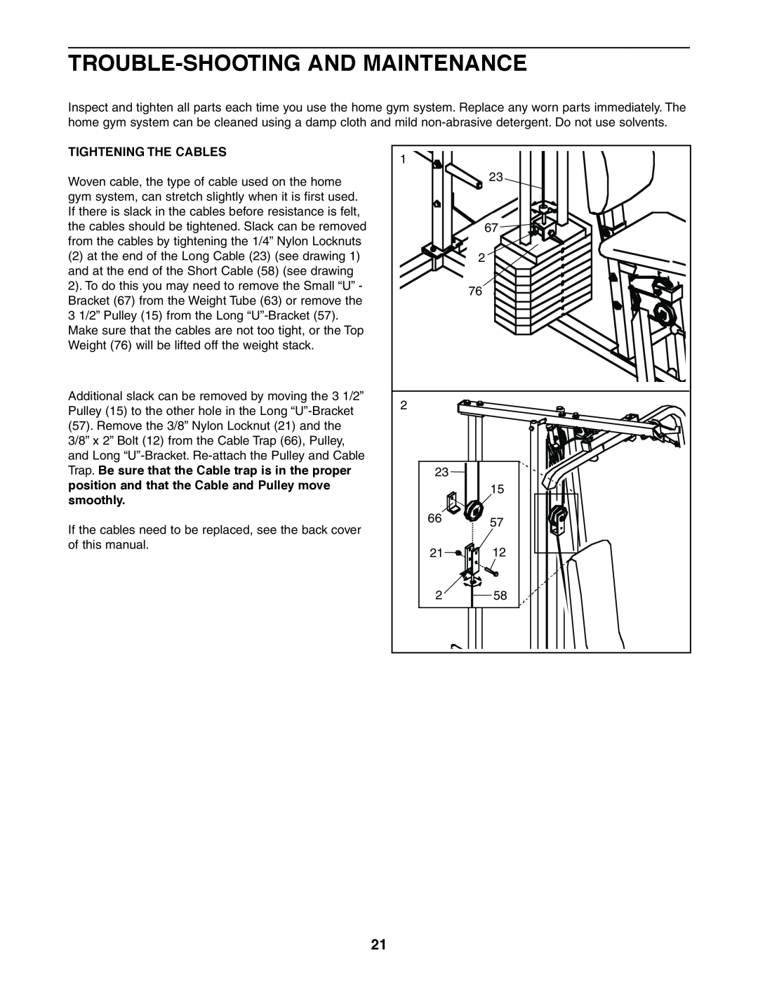 Sears 831.159460 user manual Trouble-Shooting And Maintenance, Tightening The Cables 