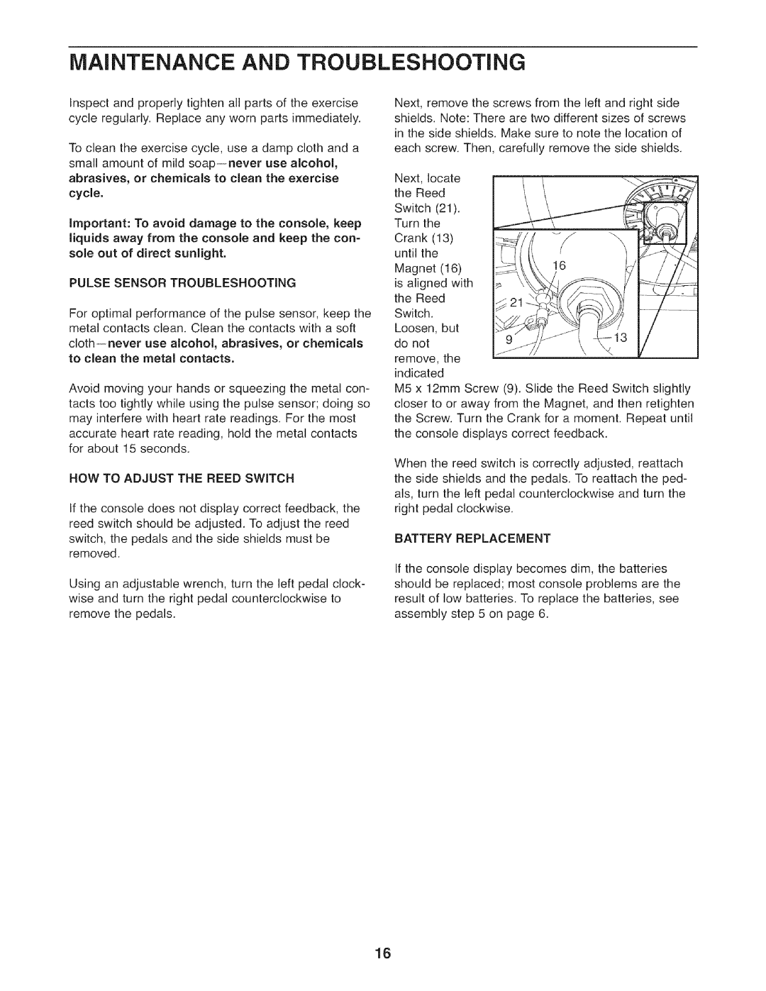 Sears 831.21641.1 user manual Pulse Sensor Troubleshooting, HOW to Adjust the Reed Switch, Battery Replacement 