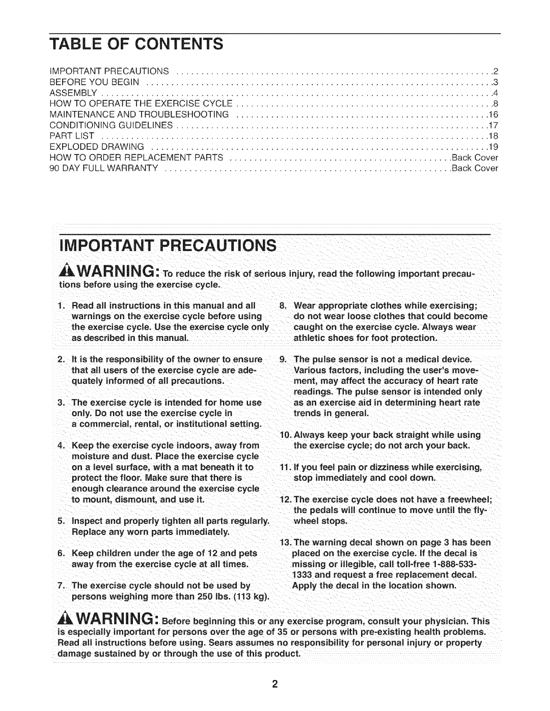 Sears 831.21641.1 user manual Contents, Important Precautions 