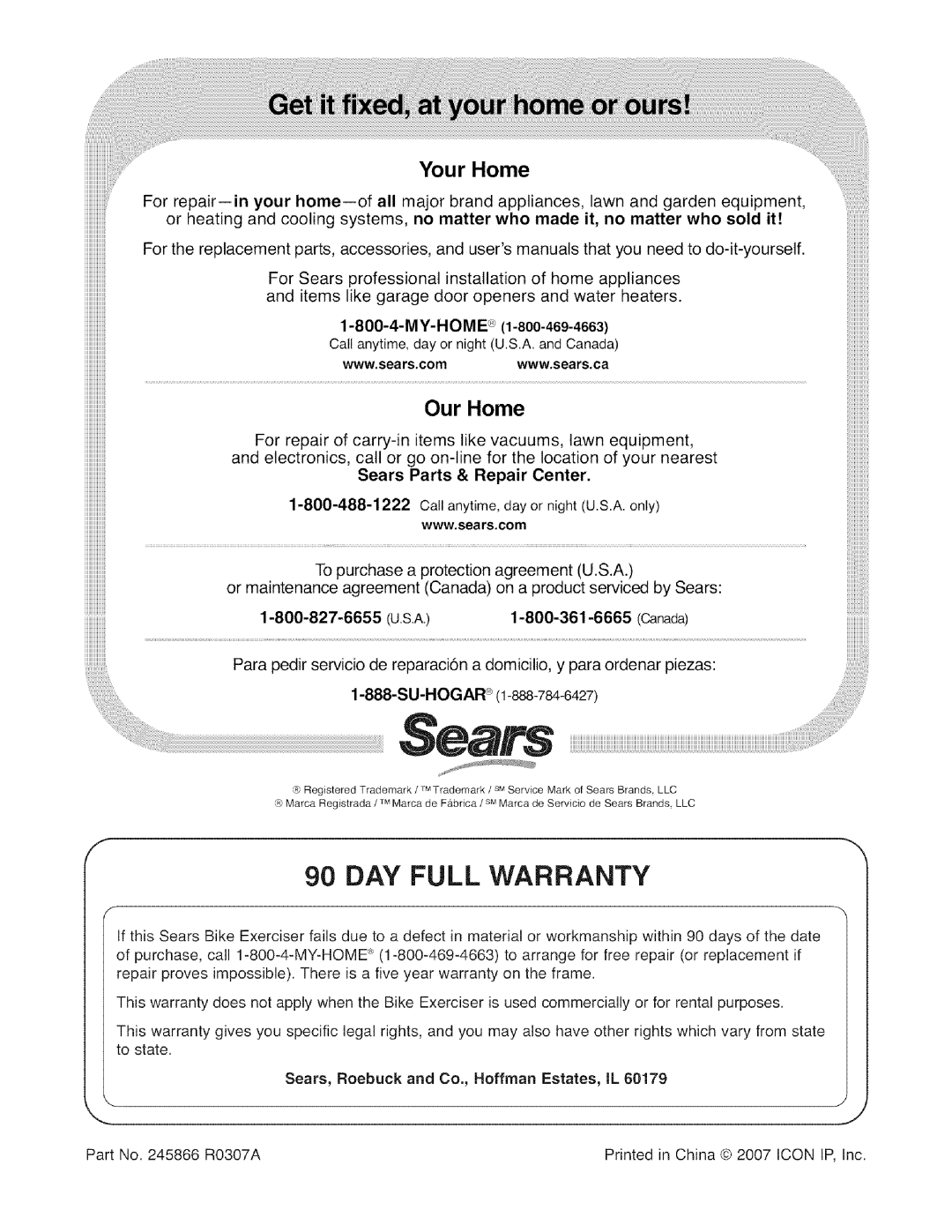 Sears 831.21641.1 user manual DAY Full Warranty, Your Home 