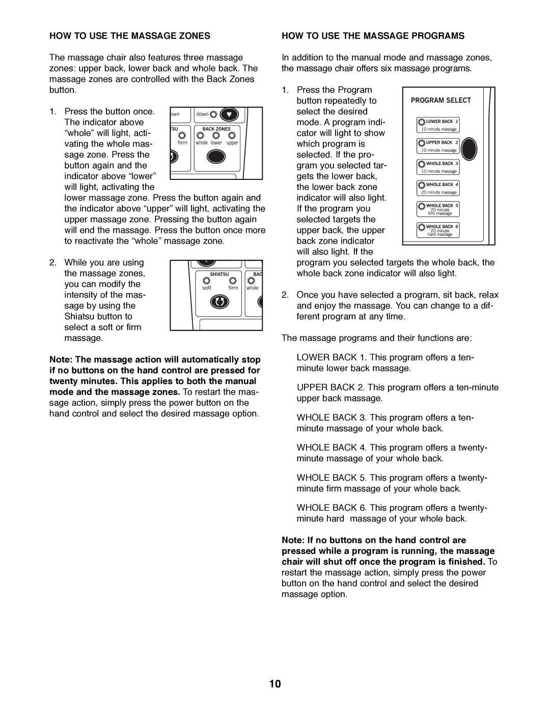 Sears 831.219910 manual HOW to USE the Massage Zones, HOW to USE the Massage Programs 