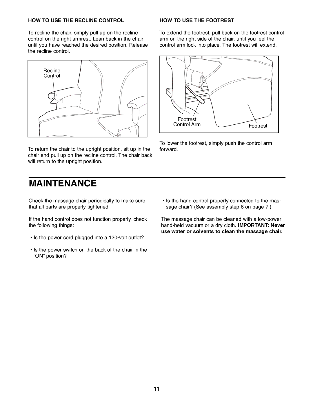 Sears 831.219910 manual Maintenance, HOW to USE the Recline Control, HOW to USE the Footrest 