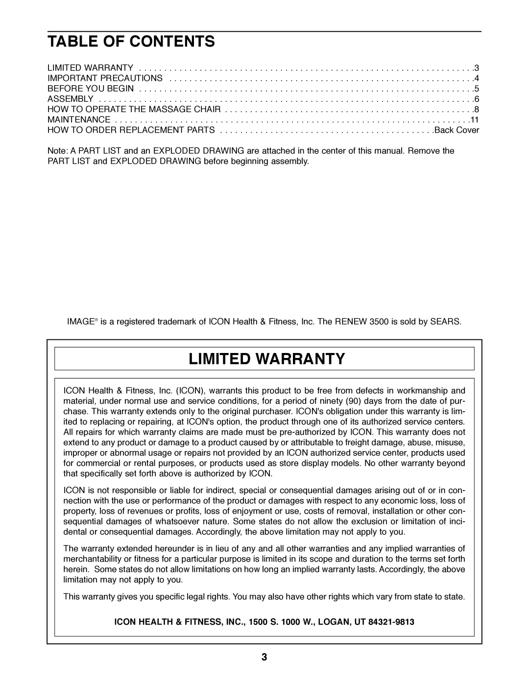 Sears 831.219910 manual Table of Contents, Limited Warranty 