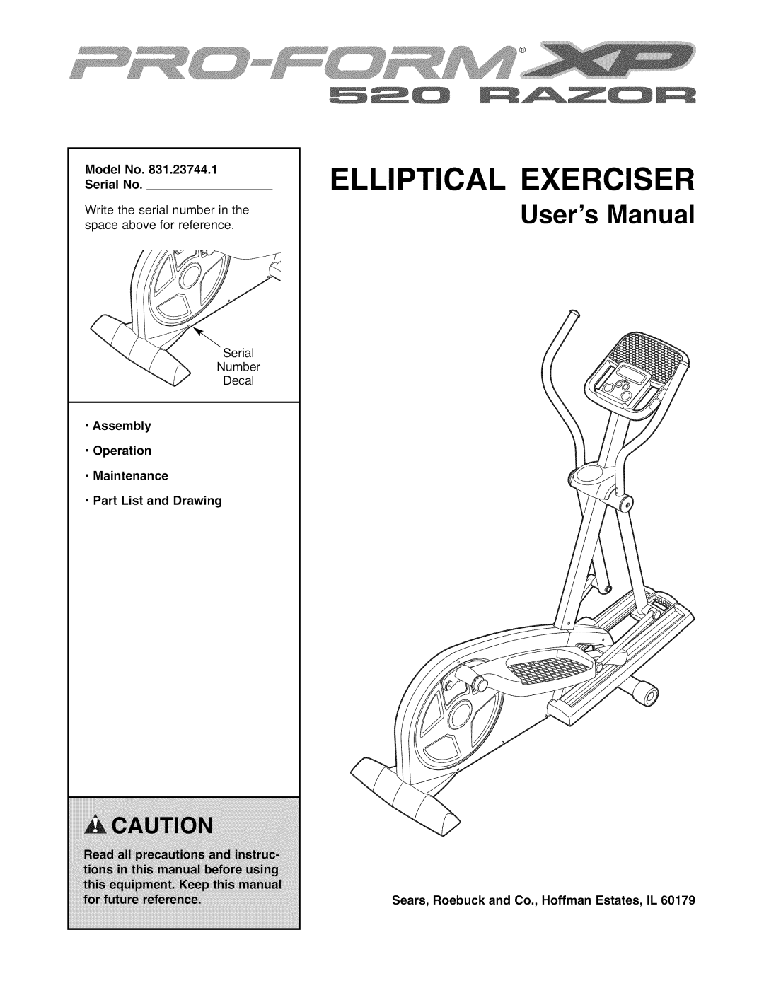Sears 831.23744.1 user manual Model No Serial No, Assembly Operation Maintenance Part List and Drawing 