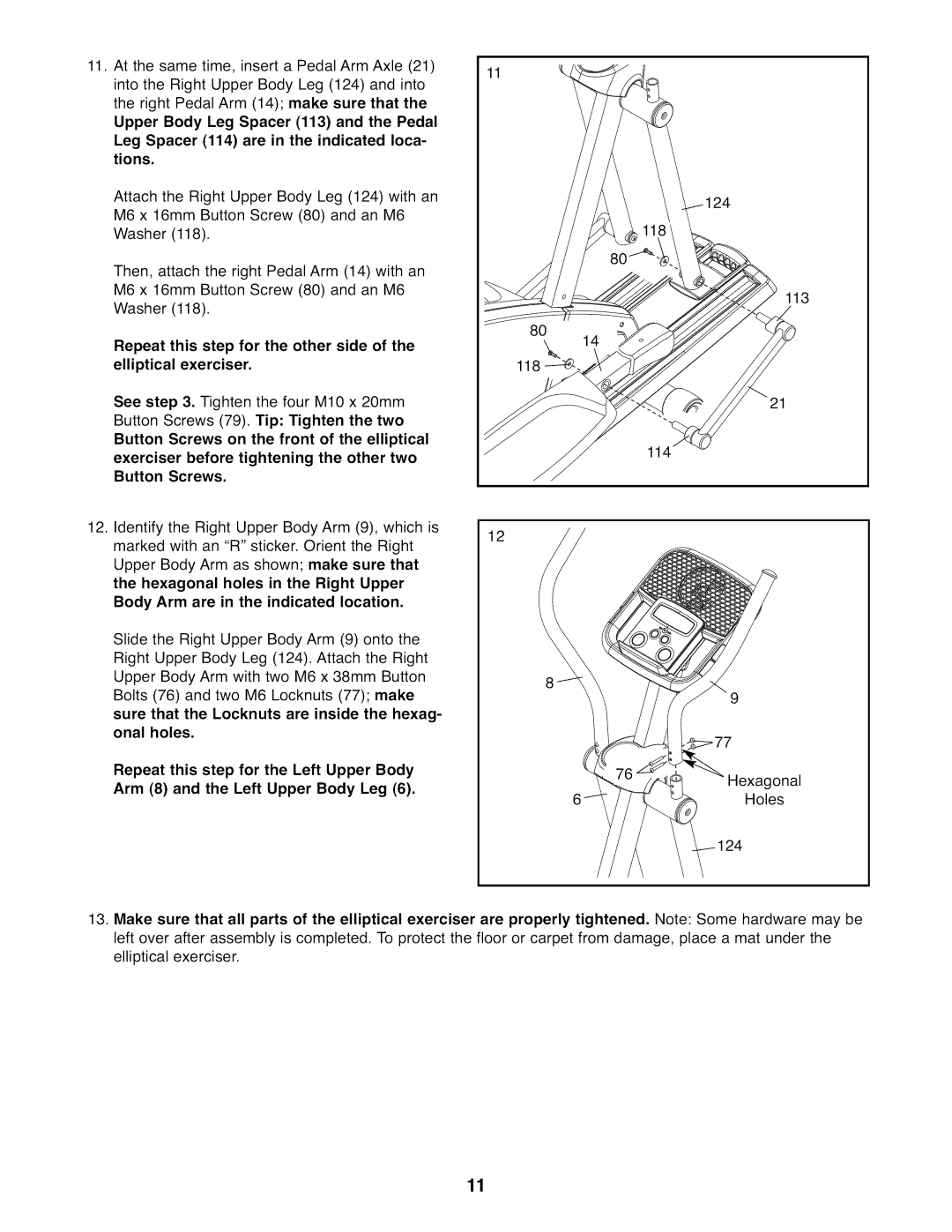 Sears 831.23744.1 user manual Button Screws, Arm 8 and the Left Upper Body Leg 