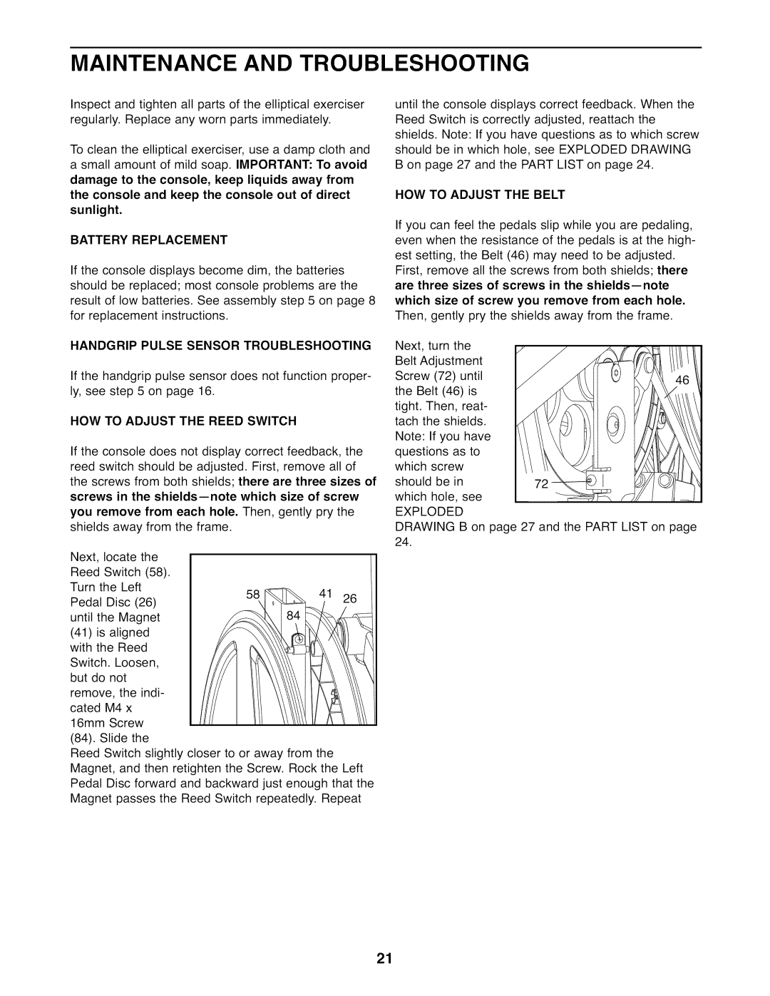 Sears 831.23744.1 user manual Maintenance and Troubleshooting, Battery Replacement, Handgrip Pulse Sensor Troubleshooting 