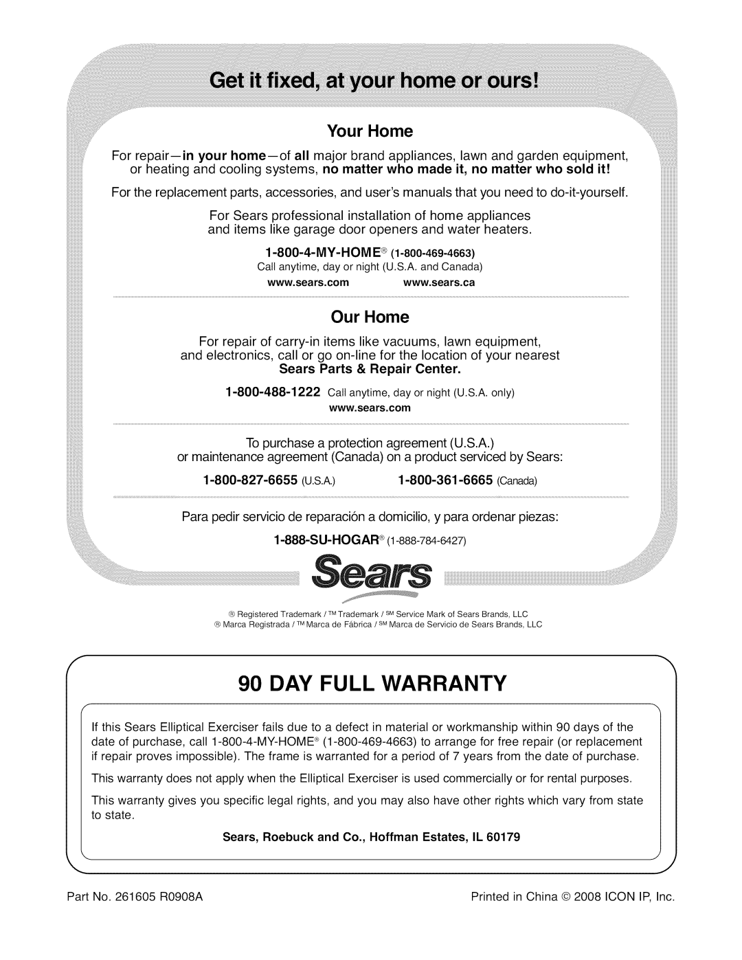 Sears 831.23744.1 user manual DAY Full Warranty, Your Home 