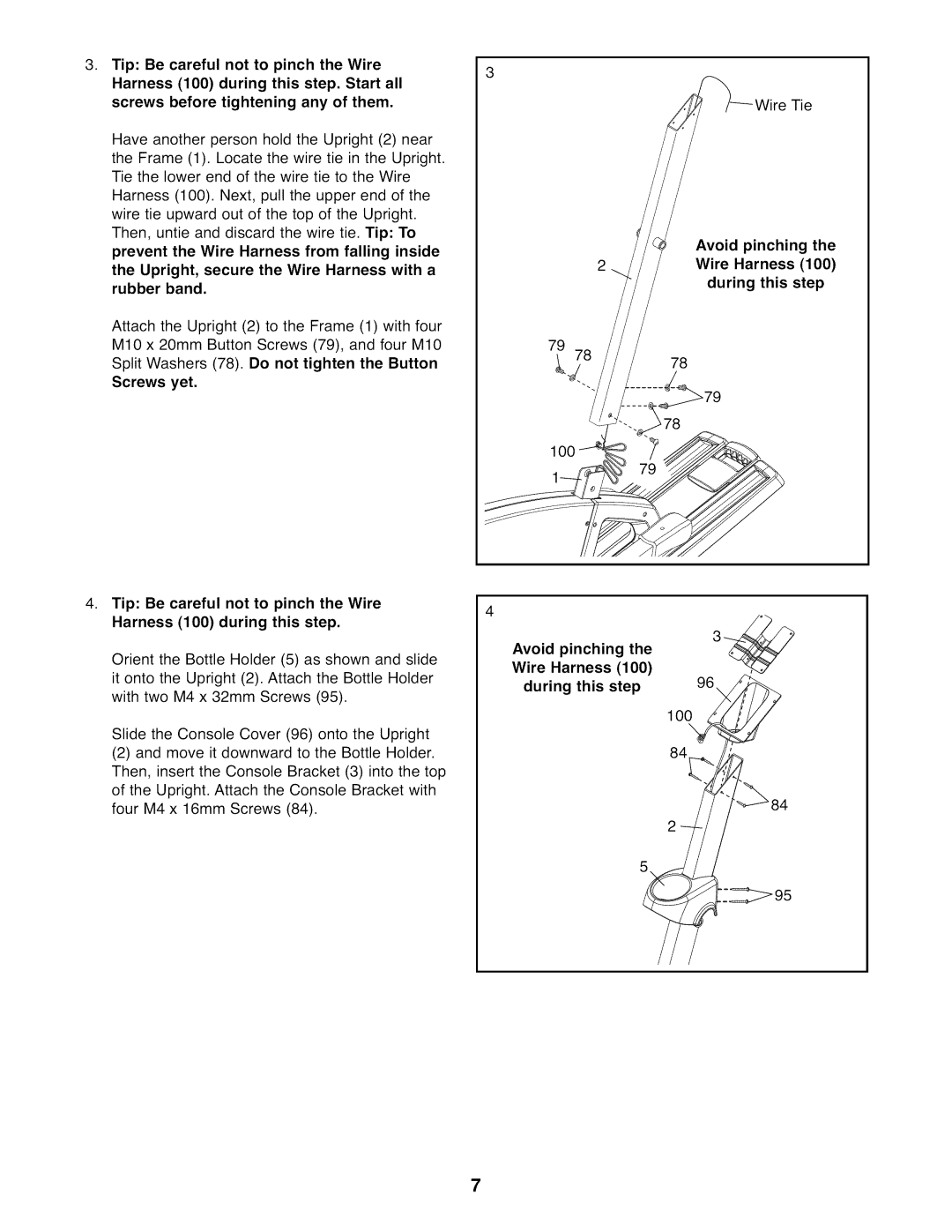 Sears 831.23744.1 user manual Upright, secure the Wire Harness with a, Avoid Pinching Wire Harness 100 