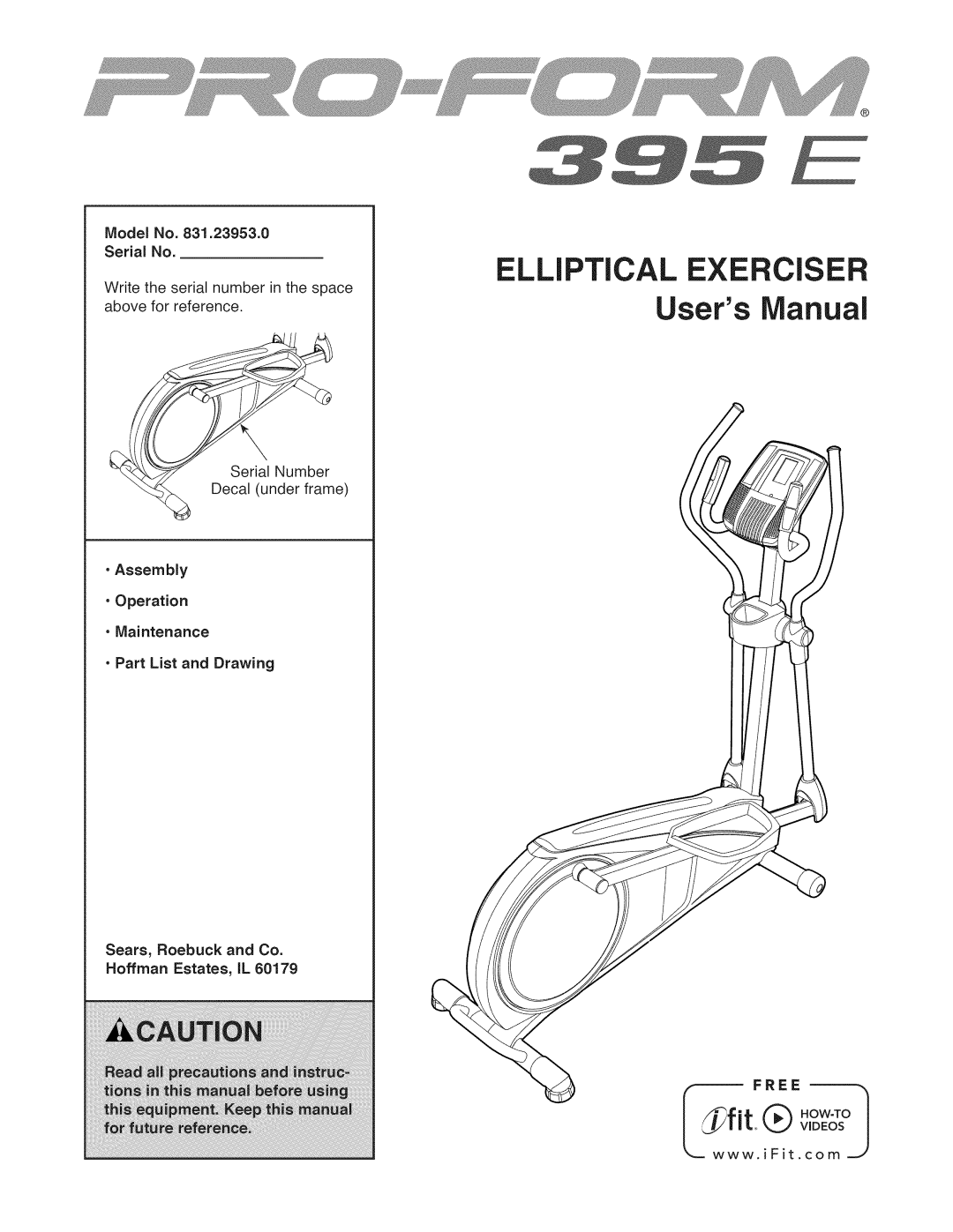 Sears 831.23953.0 user manual Model No Serial No, Assembly 