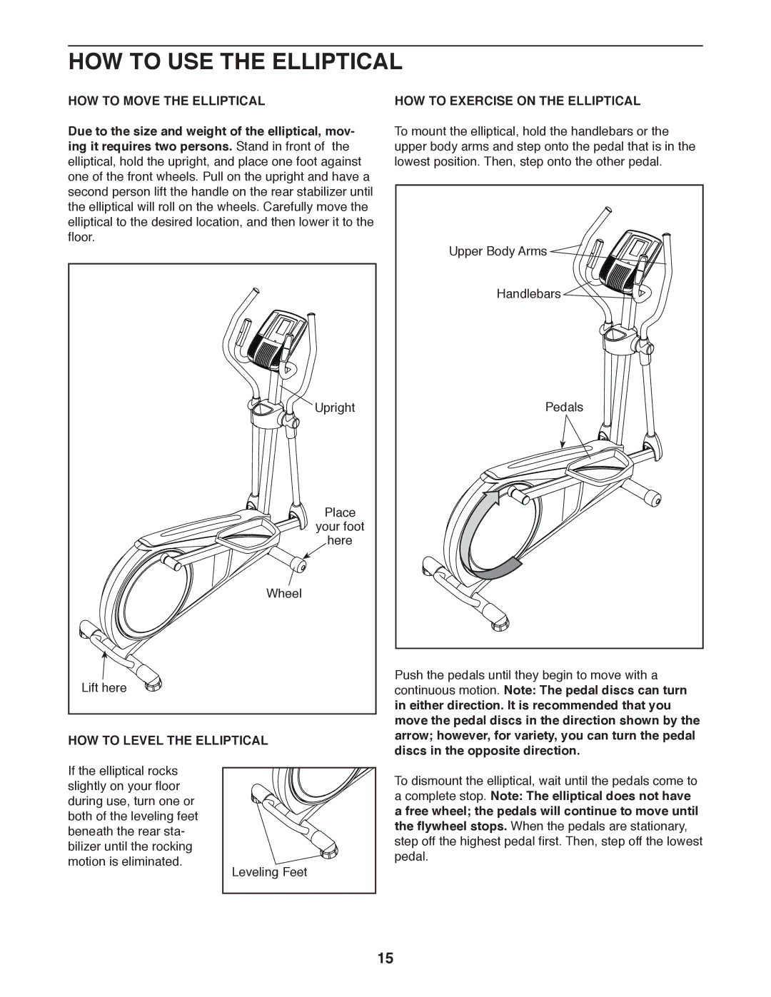 Sears 831.23953.1 user manual HOW to USE the Elliptical, HOW to Level the Elliptical 