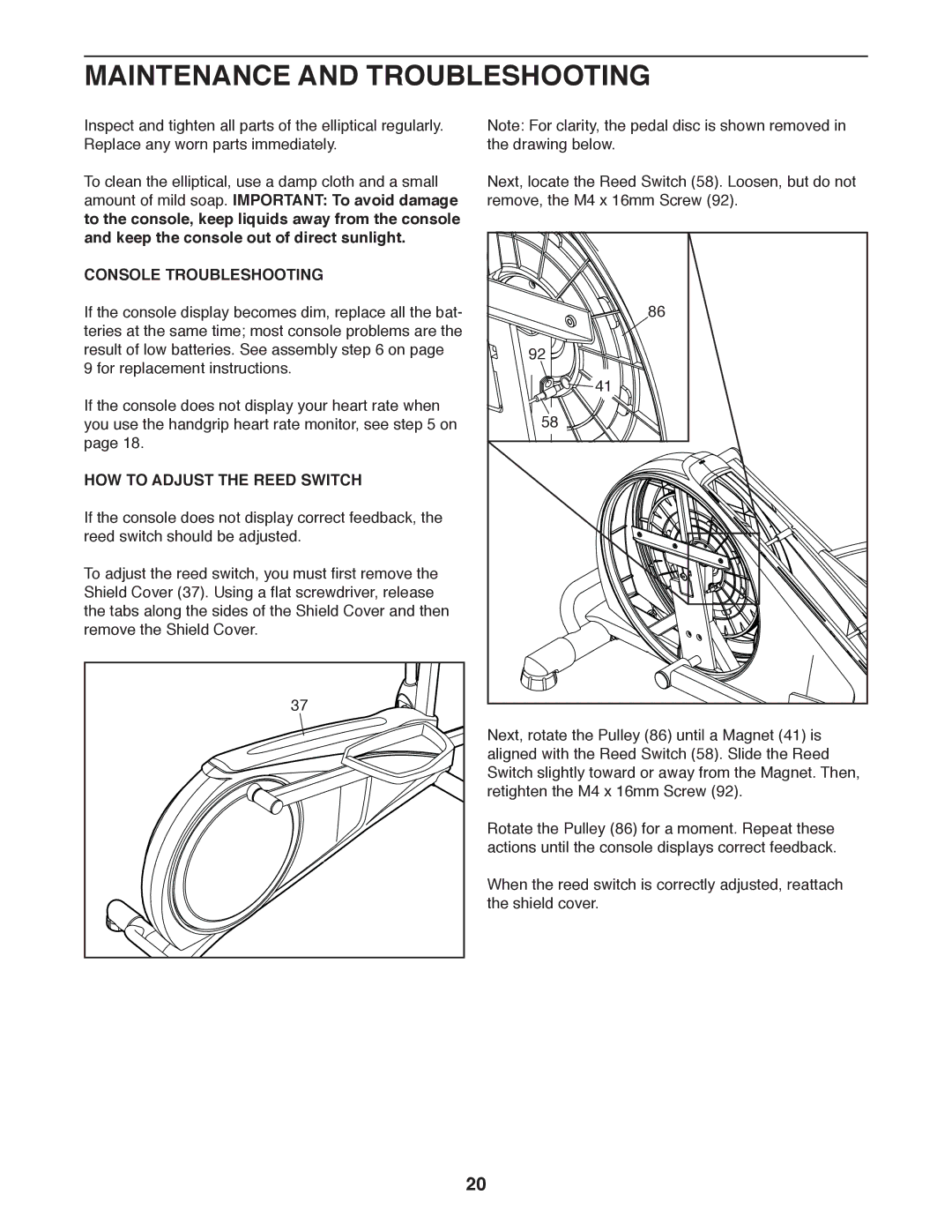 Sears 831.23953.1 Maintenance and Troubleshooting, Amount of mild soap. Important To avoid damage, Console Troubleshooting 