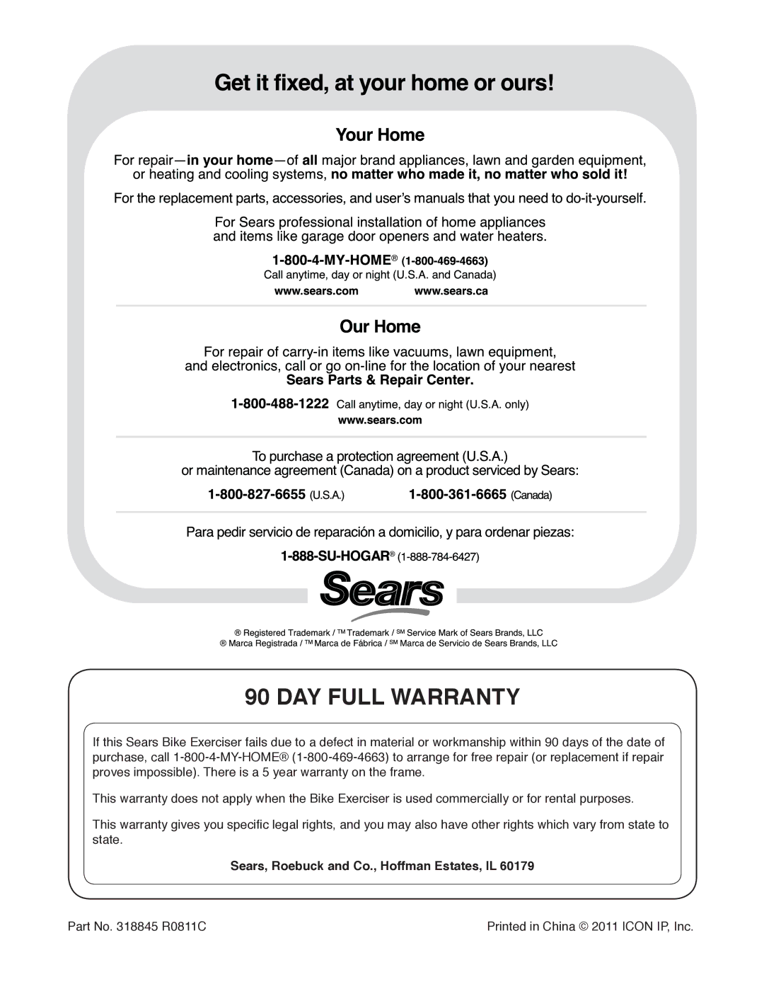 Sears 831.23953.1 user manual DAY Full Warranty, Sears, Roebuck and Co., Hoffman Estates, IL 