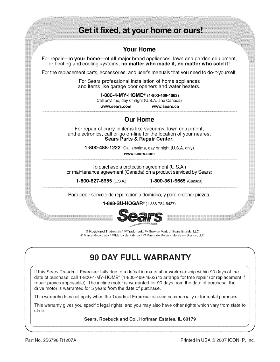 Sears 831.24733.0 user manual DAY Full Warranty, Your Home 