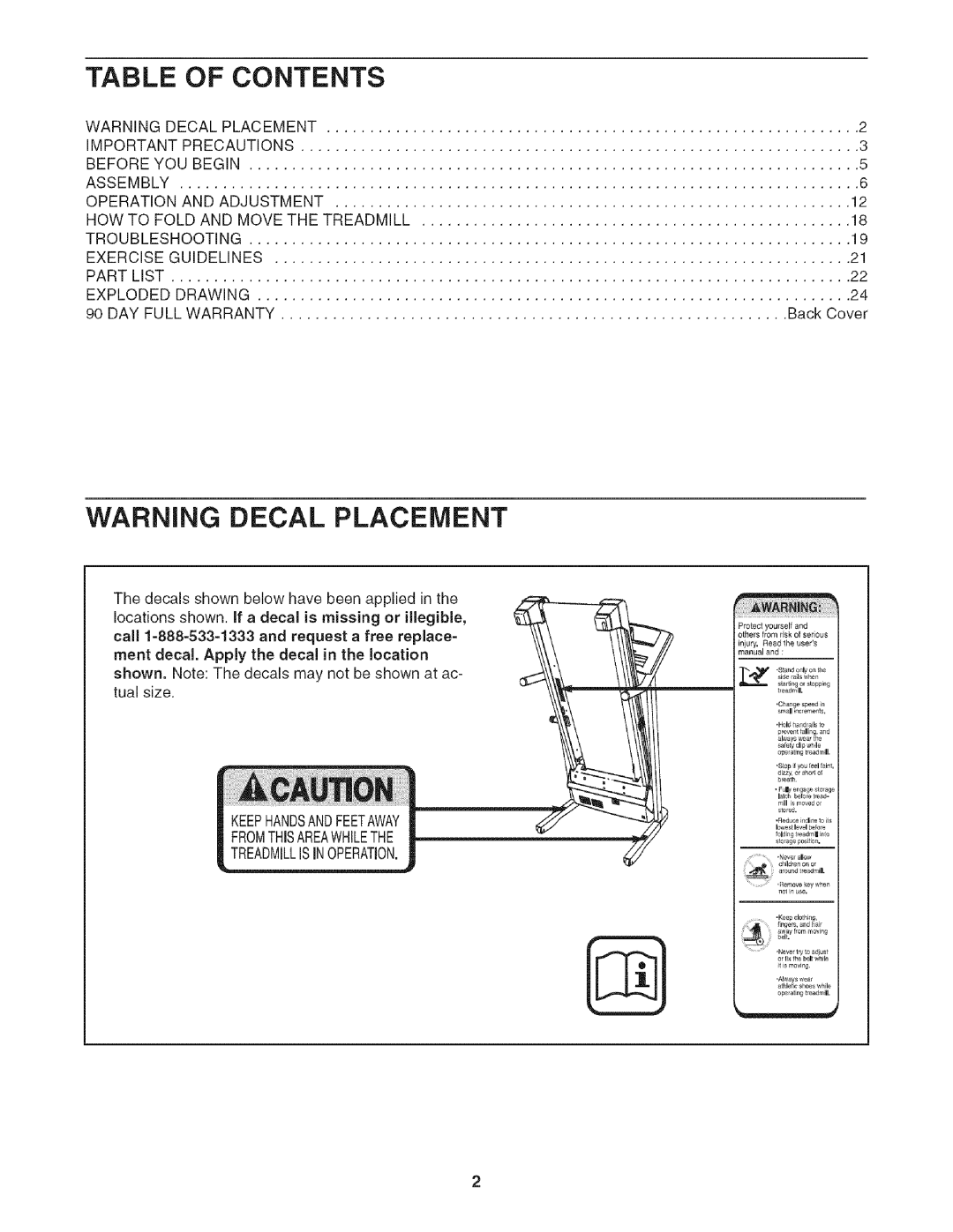 Sears 831.24733.0 user manual Of Contents, Warning Decal Placement 