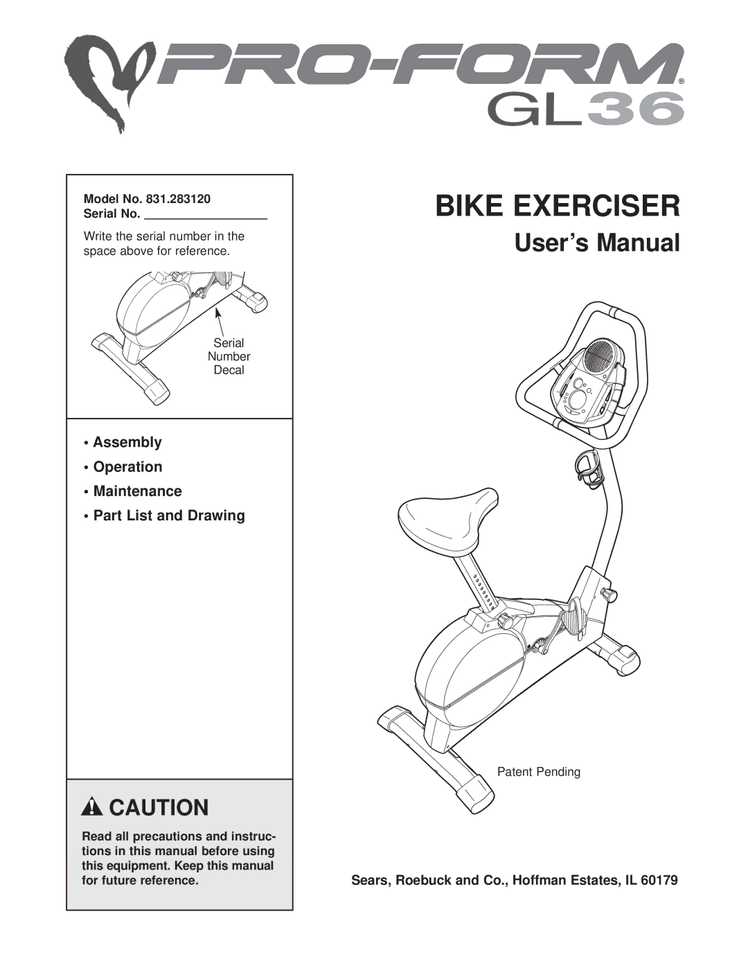 Sears 831.283120 user manual Assembly Operation Maintenance Part List and Drawing, Model No Serial No 