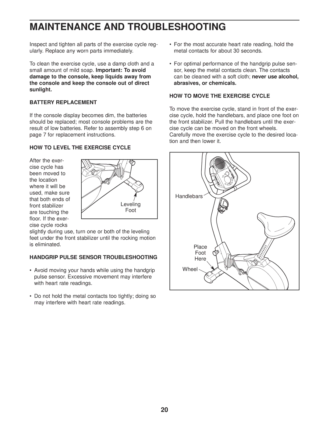 Sears 831.283120 user manual Maintenance and Troubleshooting, Battery Replacement, HOW to Level the Exercise Cycle 