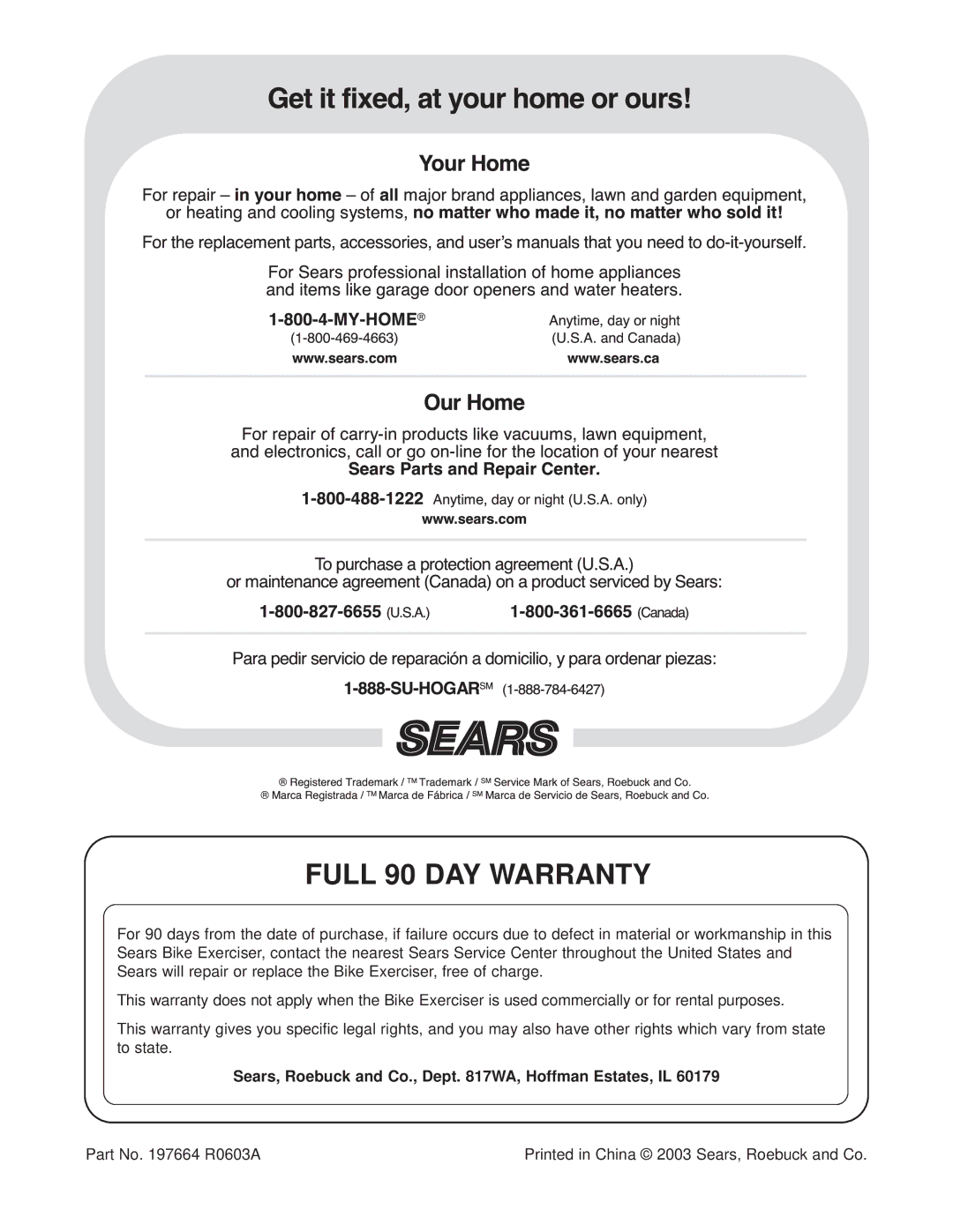 Sears 831.283120 user manual Full 90 DAY Warranty, Sears, Roebuck and Co., Dept WA, Hoffman Estates, IL 