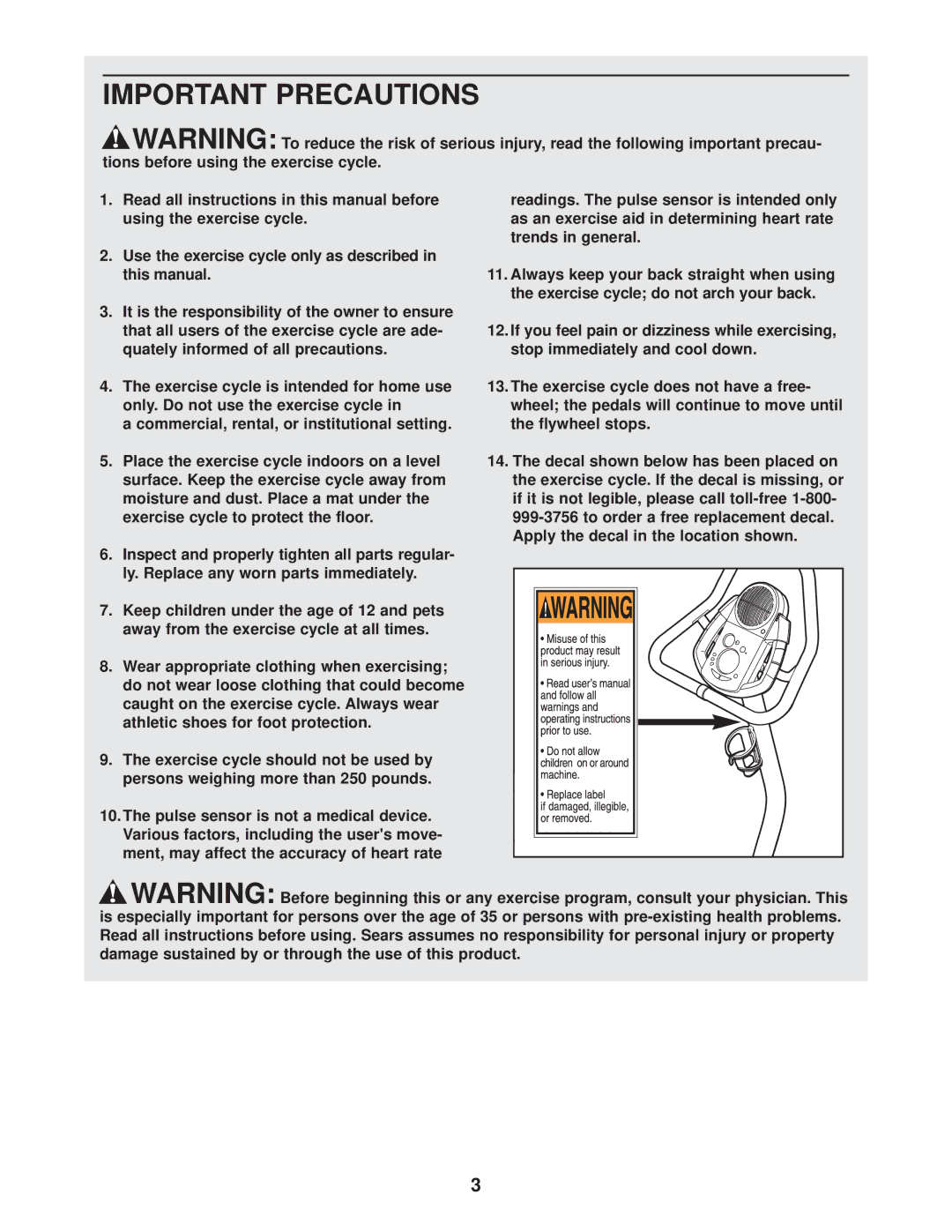 Sears 831.283120 user manual Important Precautions 