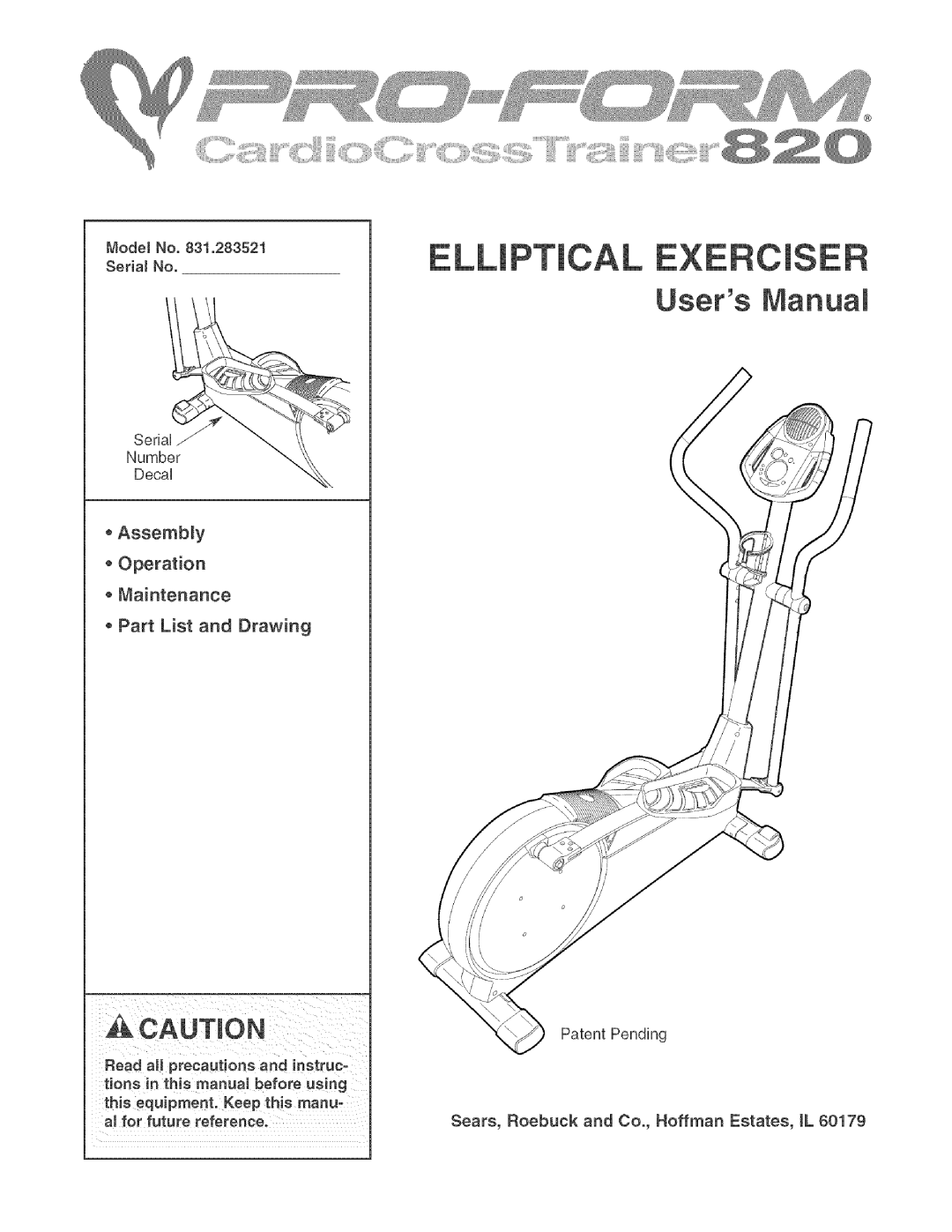 Sears 831.283521 user manual Assembly Operation Maintenance Part List and Drawing 