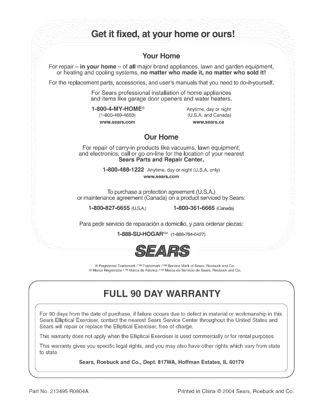 Sears 831.283521 user manual Full 90 DAY Warranty 