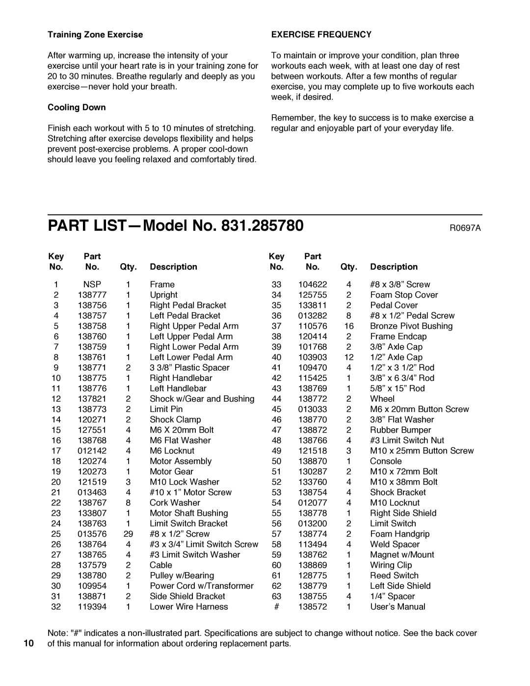 Sears 831.285780 user manual Training Zone Exercise, Exercise Frequency, Cooling Down, Key Part Qty Description 