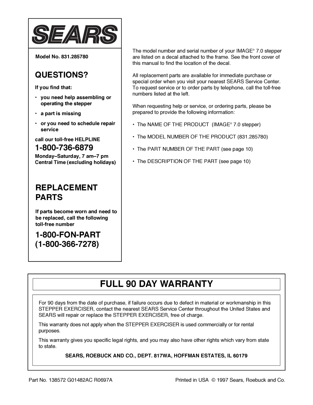 Sears 831.285780 user manual Full 90 DAY Warranty, Model No, SEARS, Roebuck and CO., Dept WA, Hoffman ESTATES, IL 