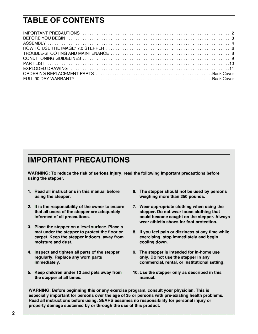 Sears 831.285780 user manual Table of Contents, Important Precautions 