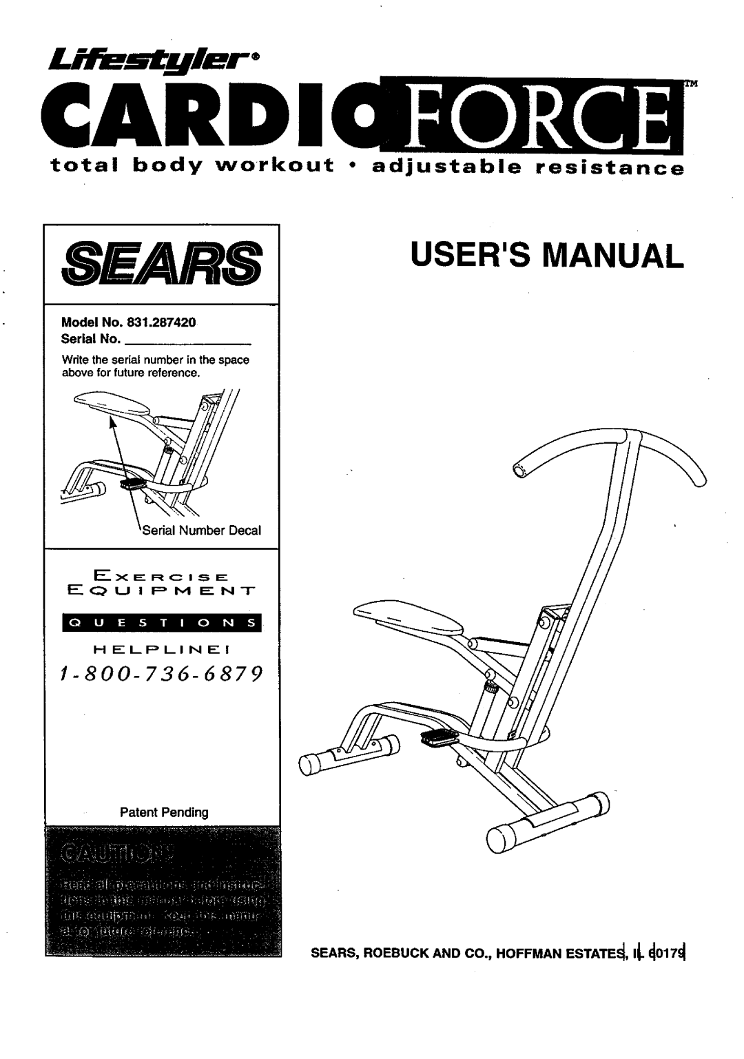 Sears 831.28742 user manual Model No Serial No, Patent Pending SEARS, Roebuck and COo, Hoffman ESTATE, I 