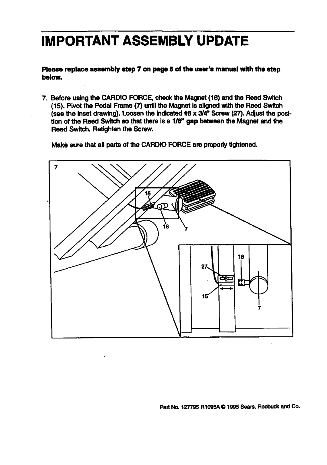 Sears 831.28742 user manual Important Assembly Update, Pad No R1005A@ 1995 Sears, Roebuck and Co 