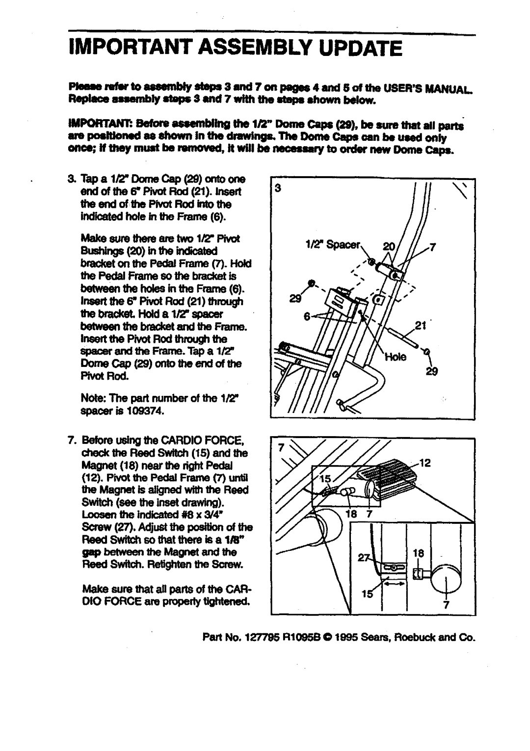 Sears 831.28742 user manual Important Assembly Update 